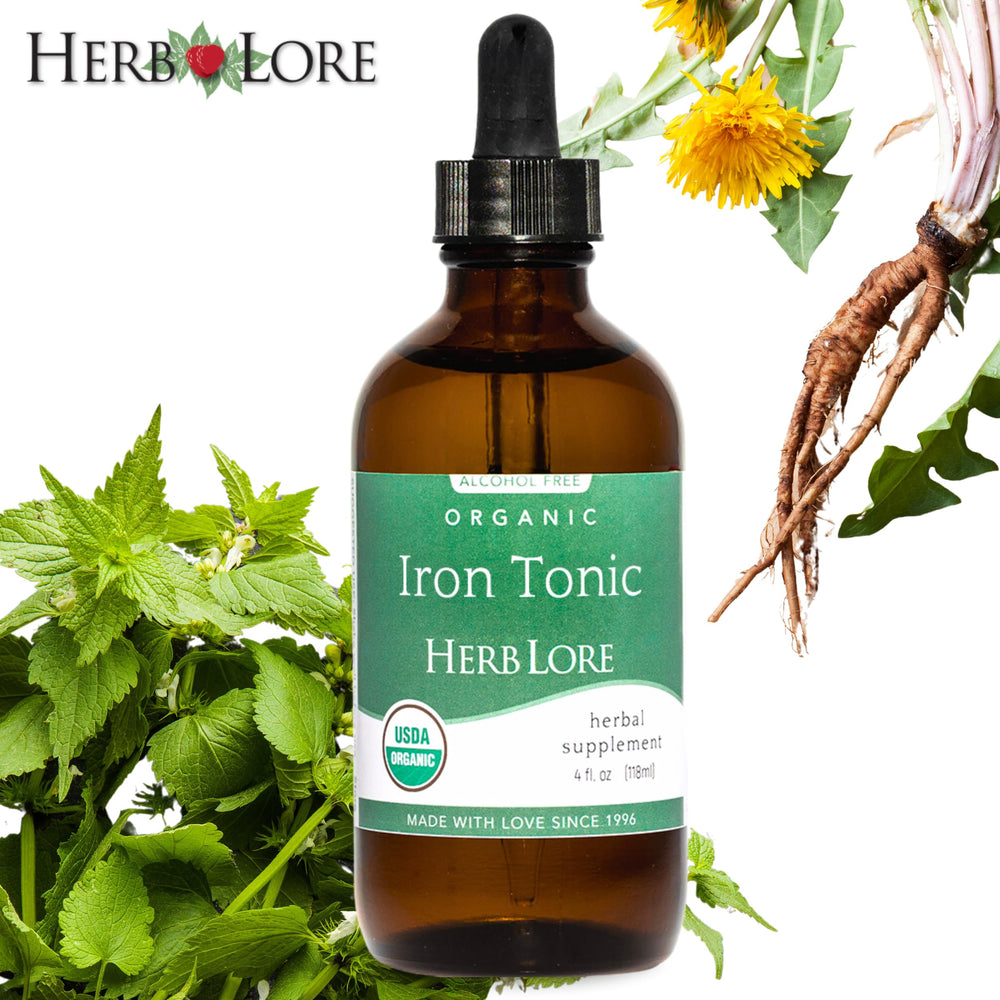 Herb Lore Iron Tonic label front highlights organic, vegan formula.
