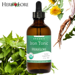 Herb Lore Iron Tonic label front highlights organic, vegan formula.