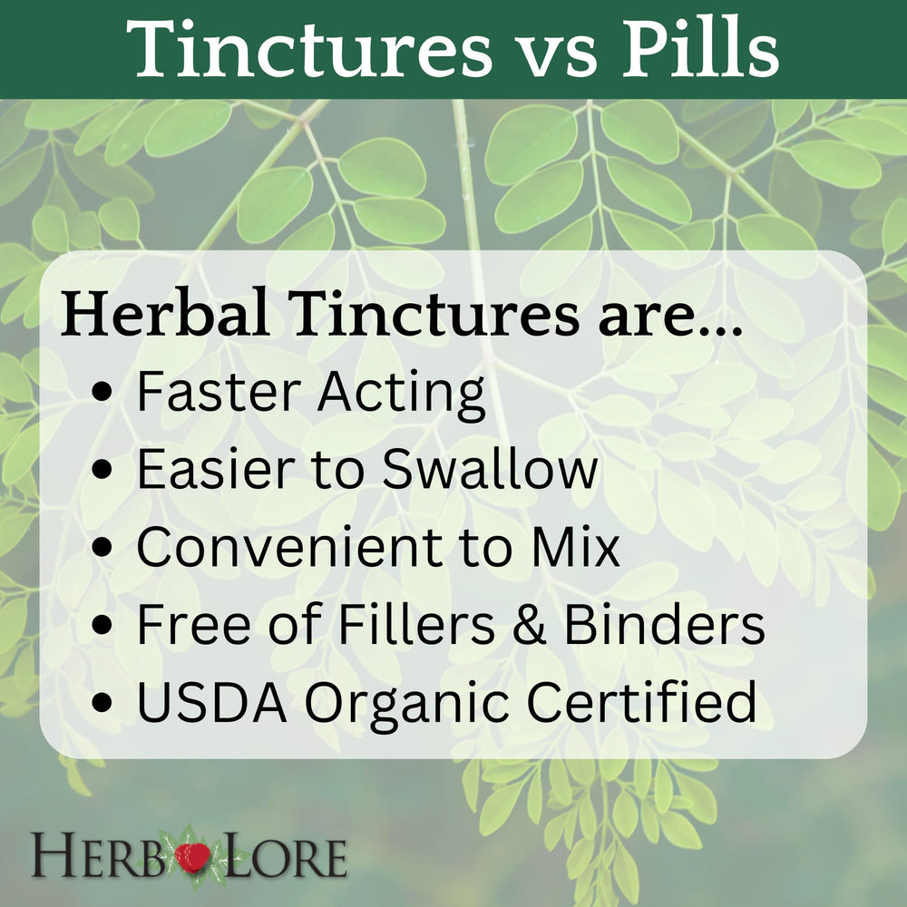 Herb Lore Organic Moringa leaf close-up shows organic certification