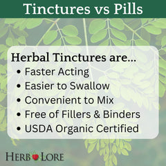 Herb Lore Organic Moringa leaf close-up shows organic certification