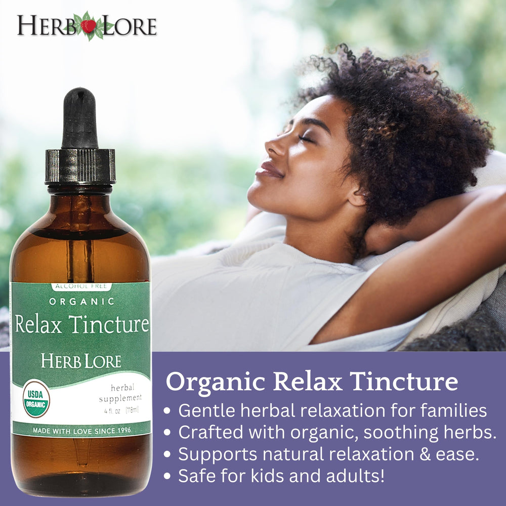 Herb Lore Relax Tincture pour into cup for soothing tea ritual.