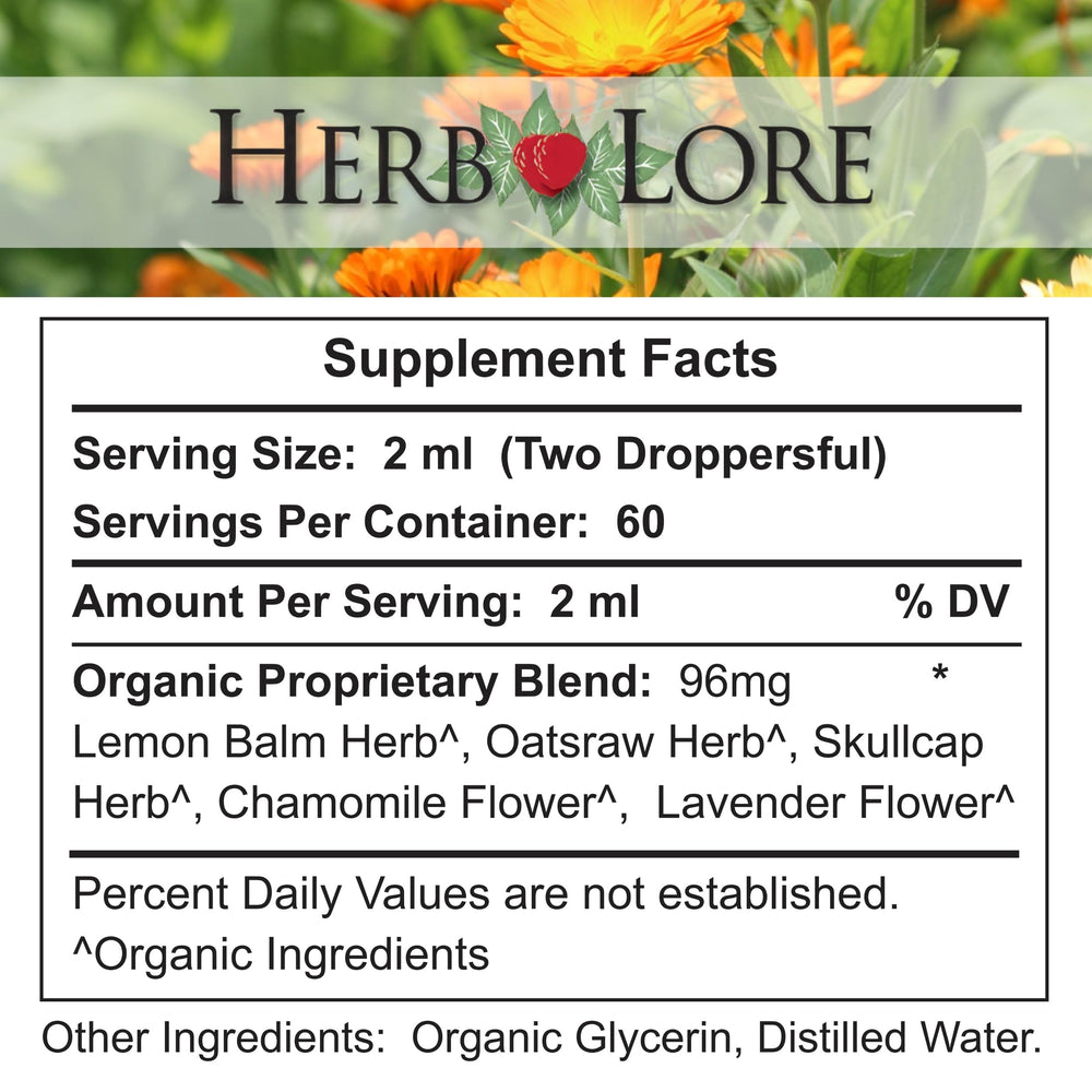 Herb Lore Relax Tincture beside a cup of tea.
