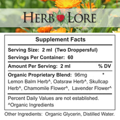 Herb Lore Relax Tincture beside a cup of tea.