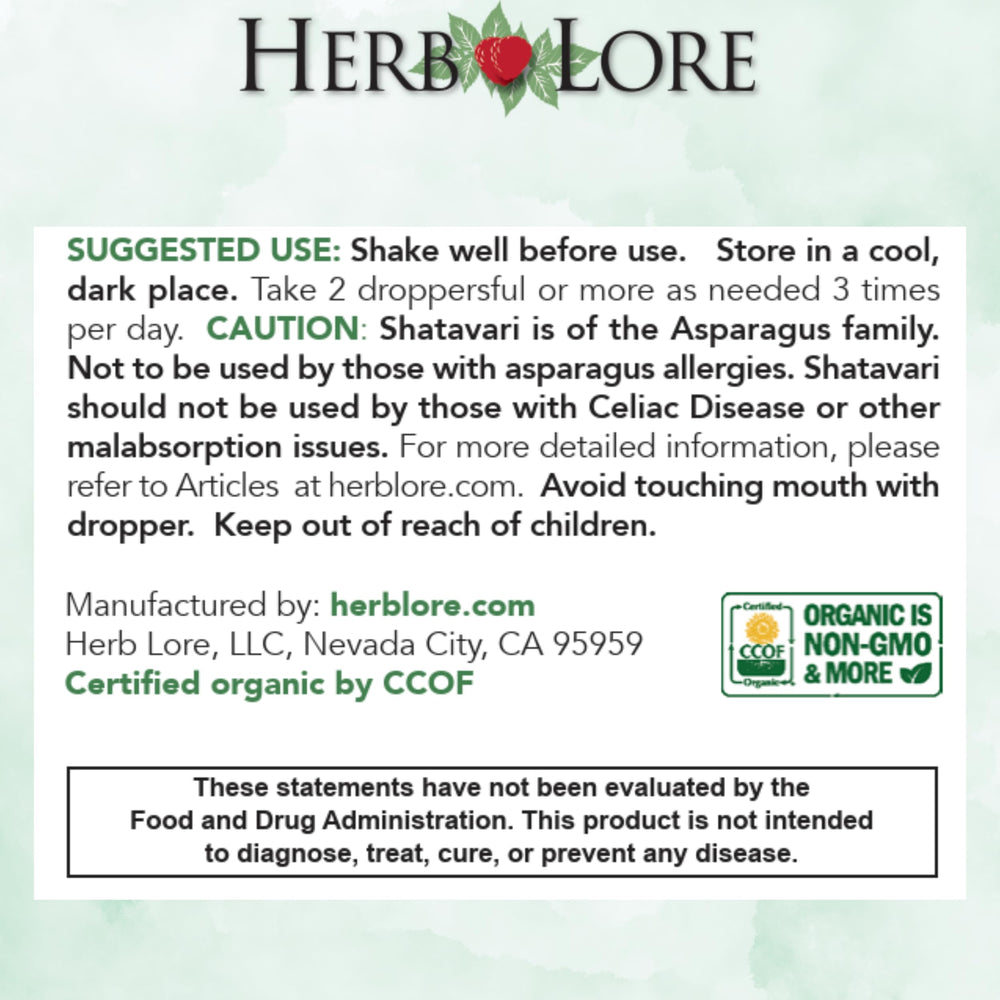 Herb Lore Shatavari tincture USA-made with clear label