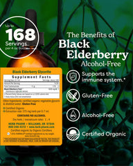 Herb Pharm Black Elderberry liquid bottle-pour demonstrates easy dosing with water or juice.