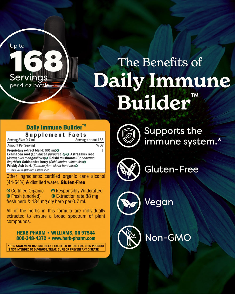 Herb Pharm Daily Immune Builder bottle pour shows convenient dosing.