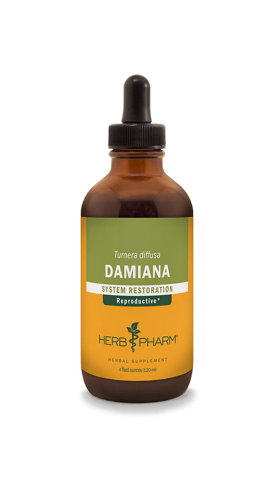 Herb Pharm Damiana liquid bottle ready for daily use in a calm routine.