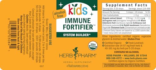 Herb Pharm logo with Kids Immune Fortifier bottle on counter