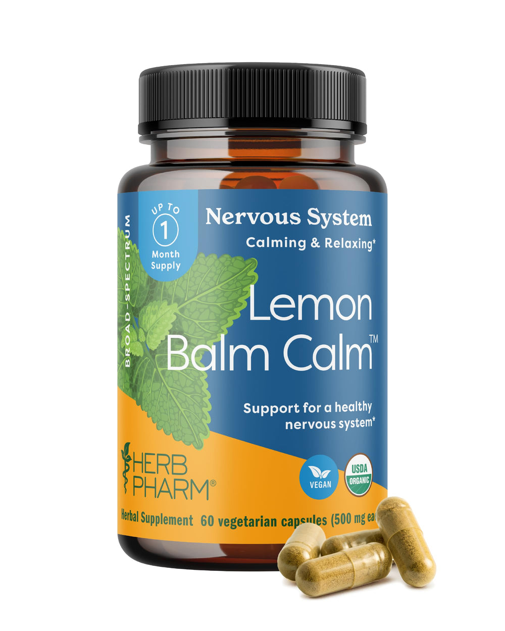 Herb Pharm Lemon Balm Calm bottle front highlights organic relaxation support.