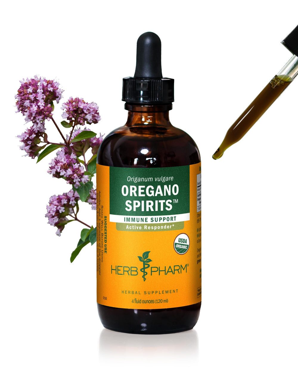 Herb Pharm Oregano Spirits bottle with potent extract and oil blend for immune-support potential.
