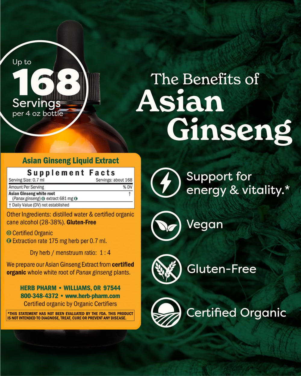 Herb Pharm Organic Panax ginseng roots highlighting organic sourcing.