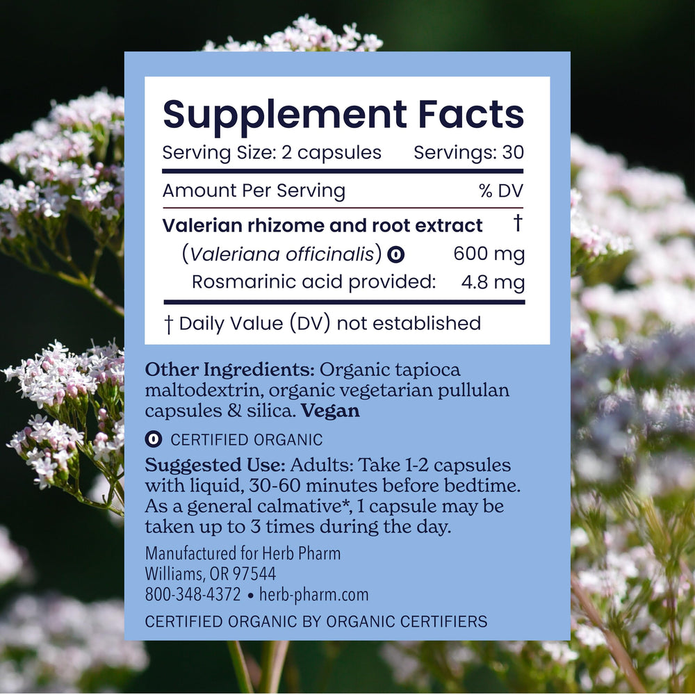 Herb Pharm Valerian Root Sleep Capsules label detail underscores certified organic quality.