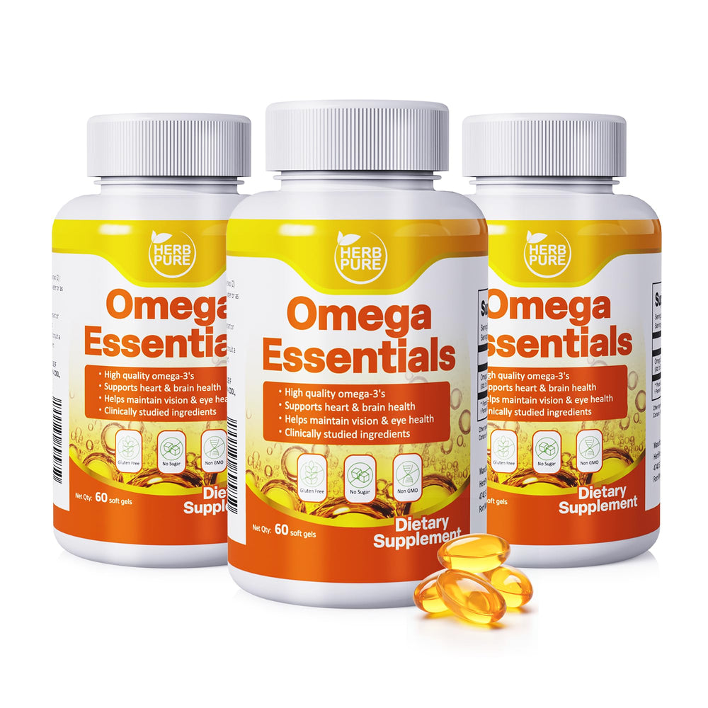 HERB PURE Omega-3 bottle pour showing high-potency serving for daily heart support