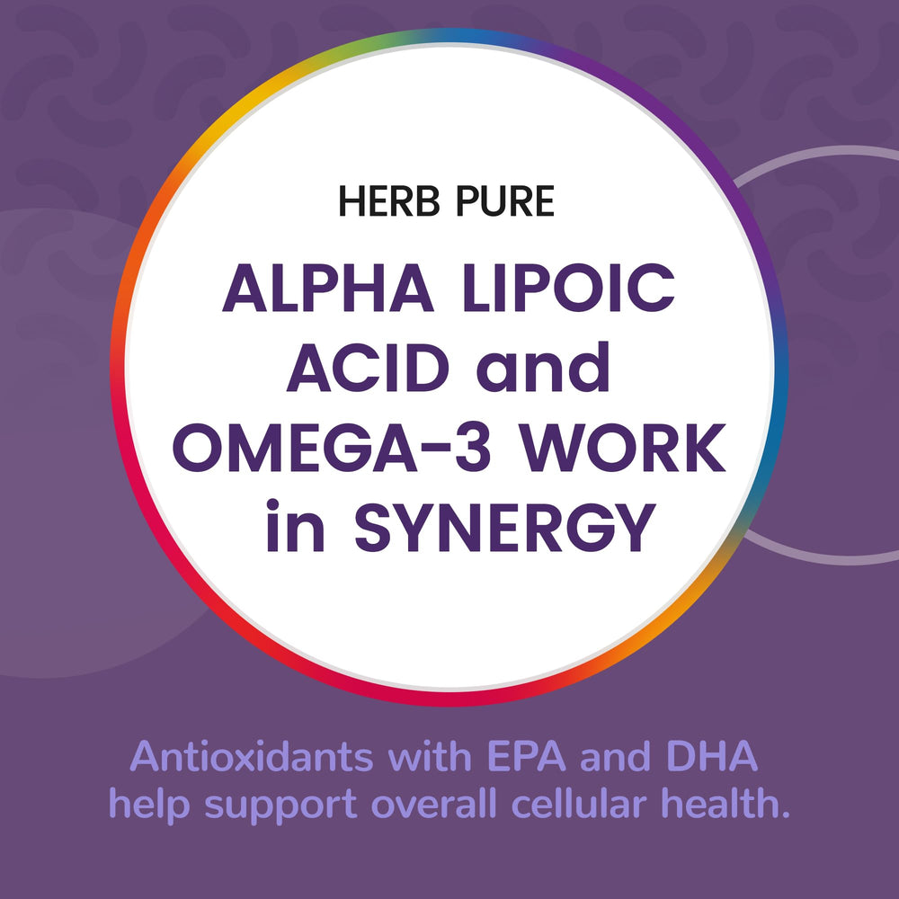 HERB PURE Omega-3 DHA & EPA capsules supporting brain health and eye function.