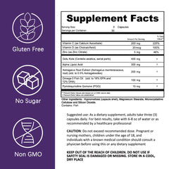 HERB PURE PQQ tablets highlighting energy production and cellular health benefits.