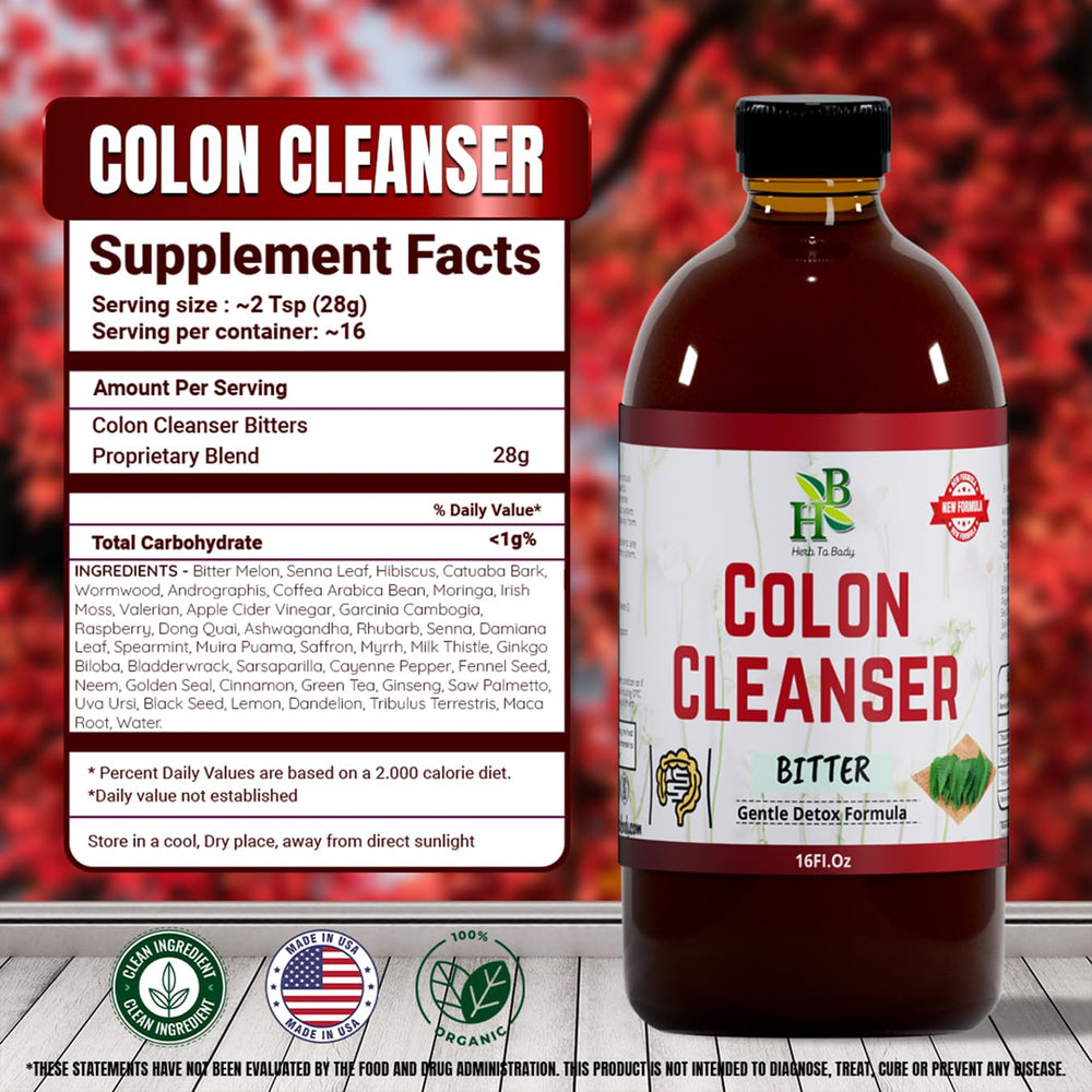 Herb To Body Colon Cleanser Bitter bottle with ingredients emphasizes gentle digestive balance.