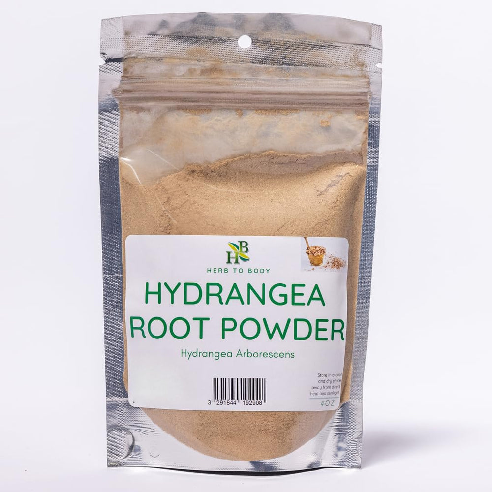 Herb To Body Hydrangea root powder bottle shows earthy texture ideal for herbal blends.