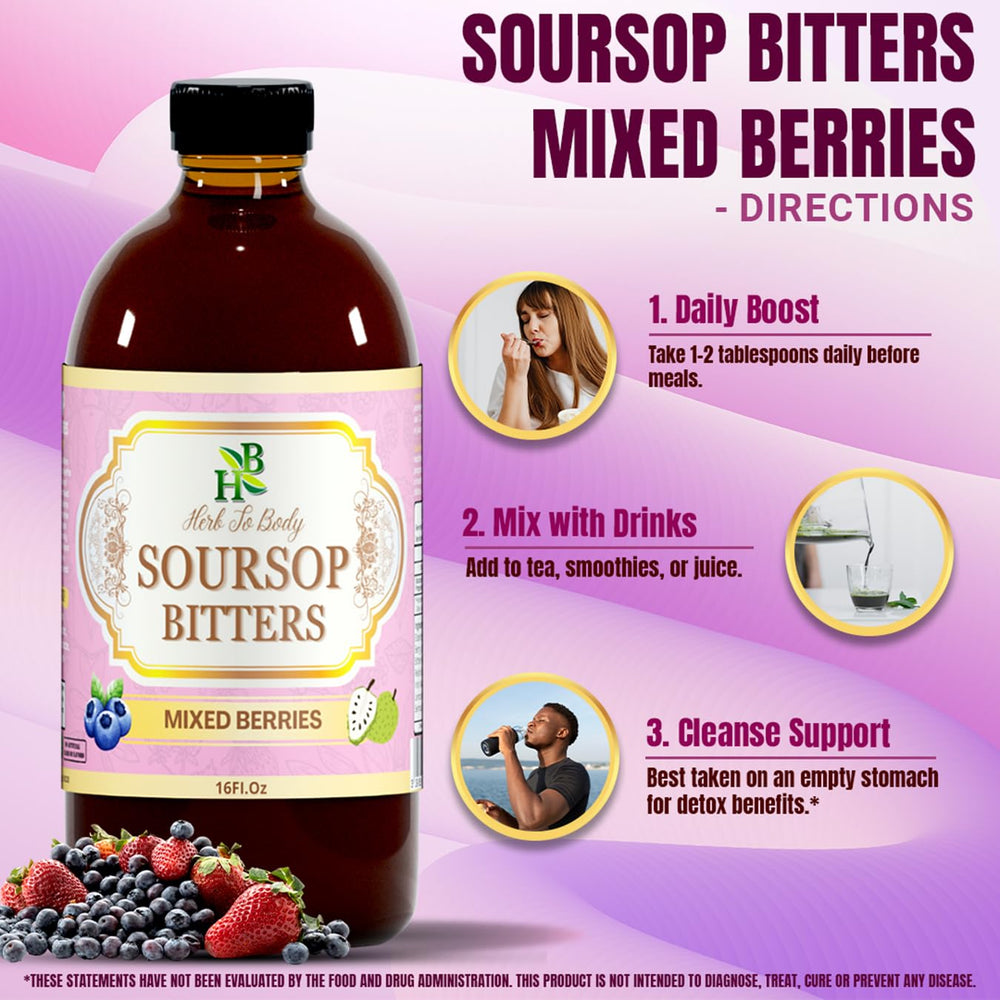 Herb To Body Soursop bottle on counter with label showing natural flavors