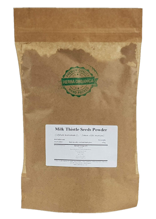 Herba Organica milk thistle powder bottle with pure, additive-free contents for daily use.