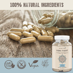 Herbal-avRay Yoni Tight bottle with glass of water, easy daily routine