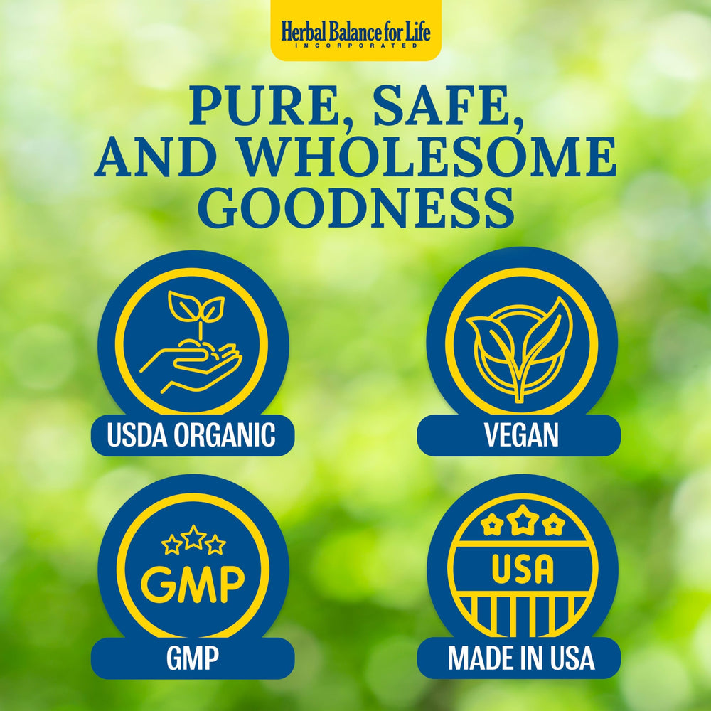 Herbal Balance Organic Essiac Tea packaging label emphasizes organic ingredients.
