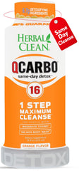 Herbal Clean Qcarbo16 orange bottle pour shows quick detox support for a busy day