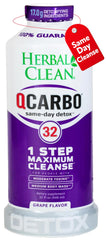 Herbal Clean Qcarbo32 bottle in grape flavor ready for a quick detox routine.