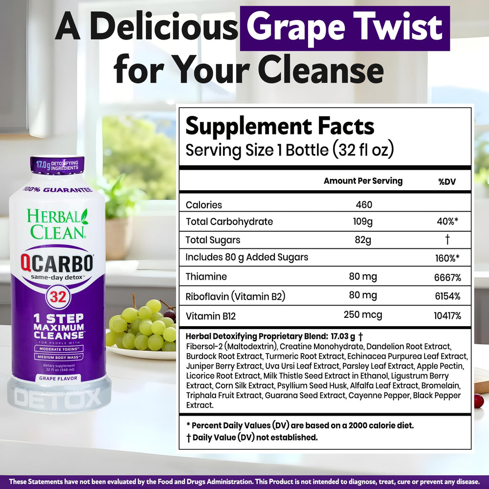 Herbal Clean Qcarbo32 bottle with side label highlighting vitamins and herbal blend.