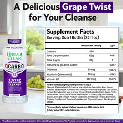 Herbal Clean Qcarbo32 bottle with side label highlighting vitamins and herbal blend.
