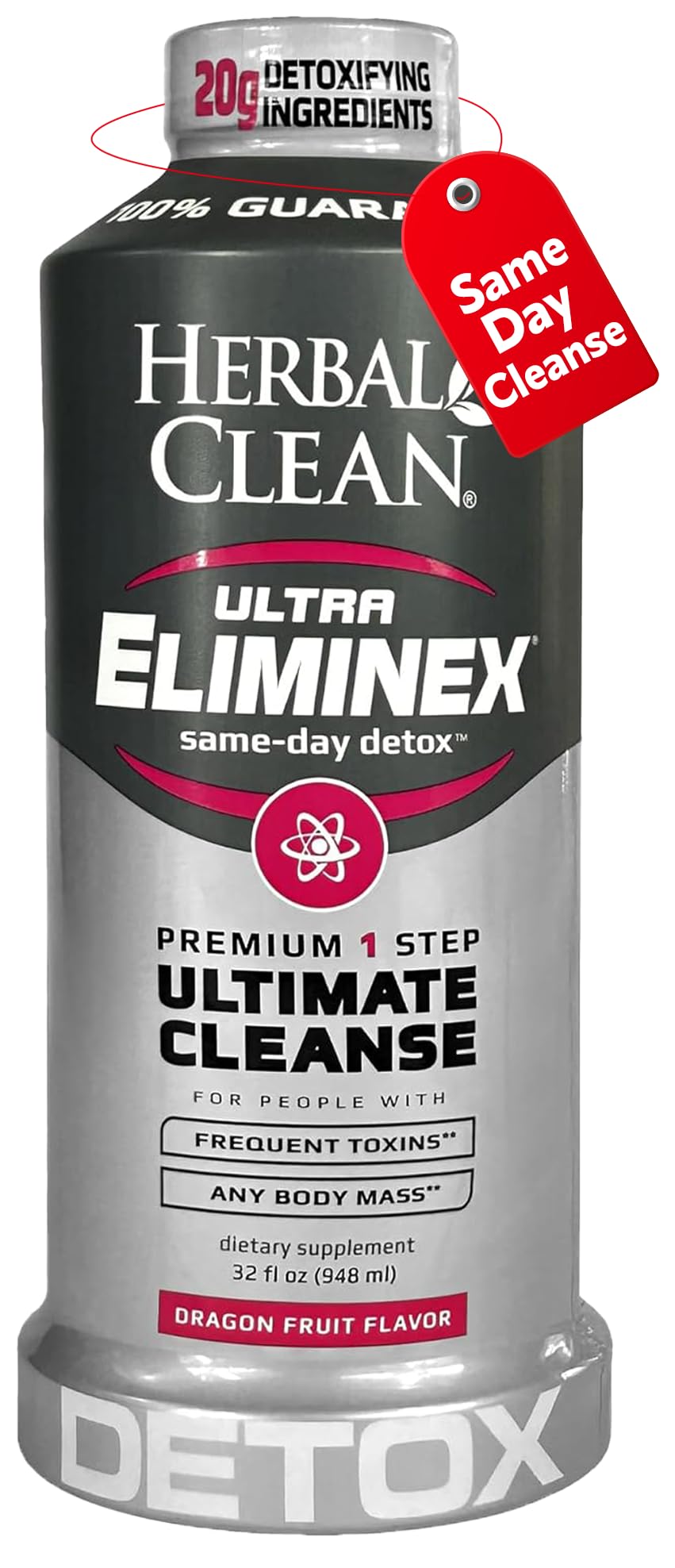 Herbal Clean Same Day Ultra Eliminex bottle with dragon fruit flavor for a refreshing detox experience.
