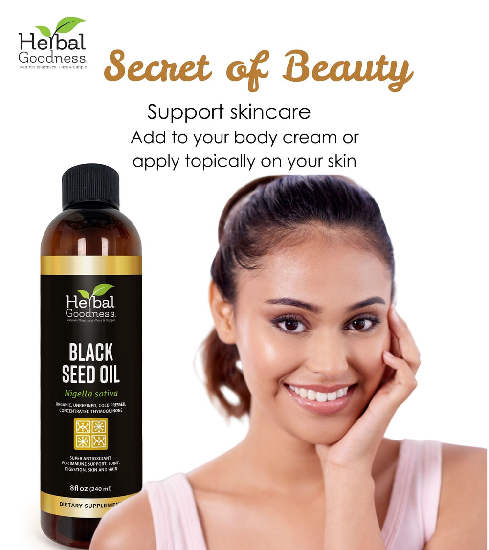 Herbal Goodness Black Seed Oil cap close-up shows easy daily dosing