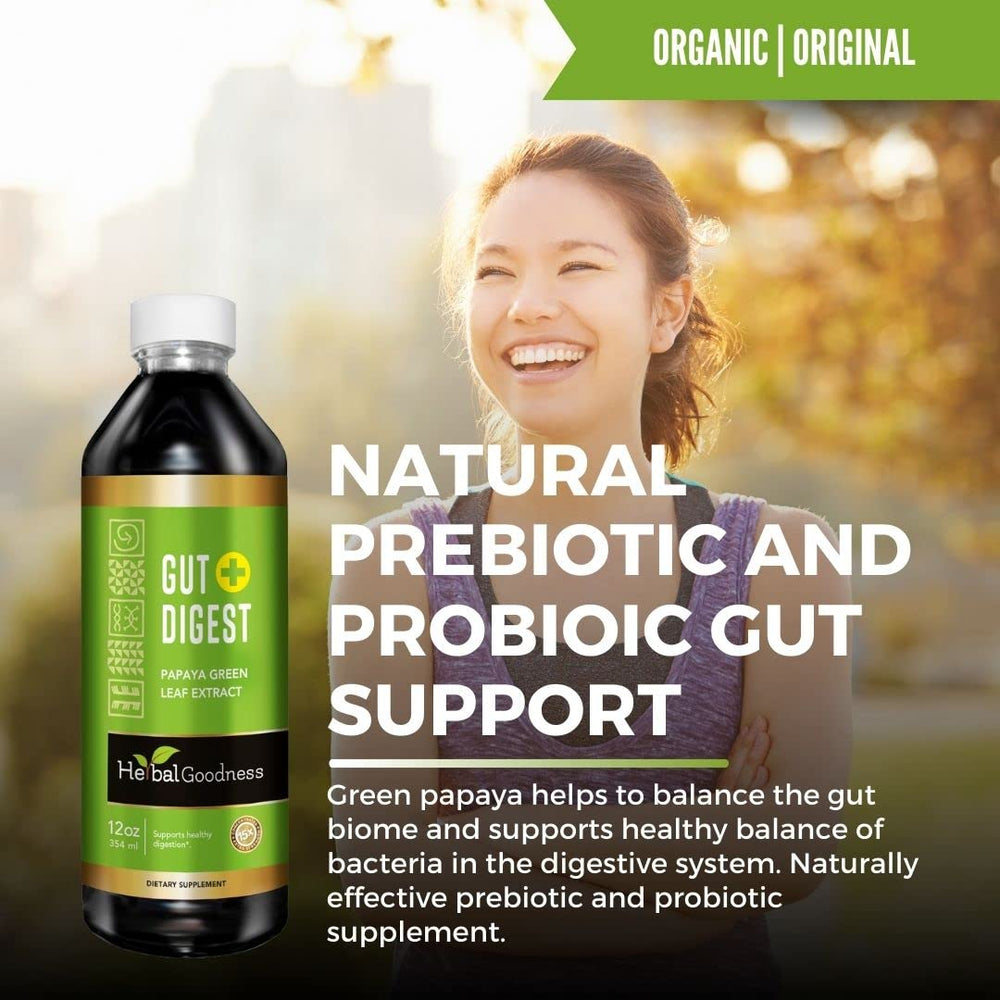 Herbal Goodness Gut Digest probiotic visual emphasizes balanced gut microbiome support.