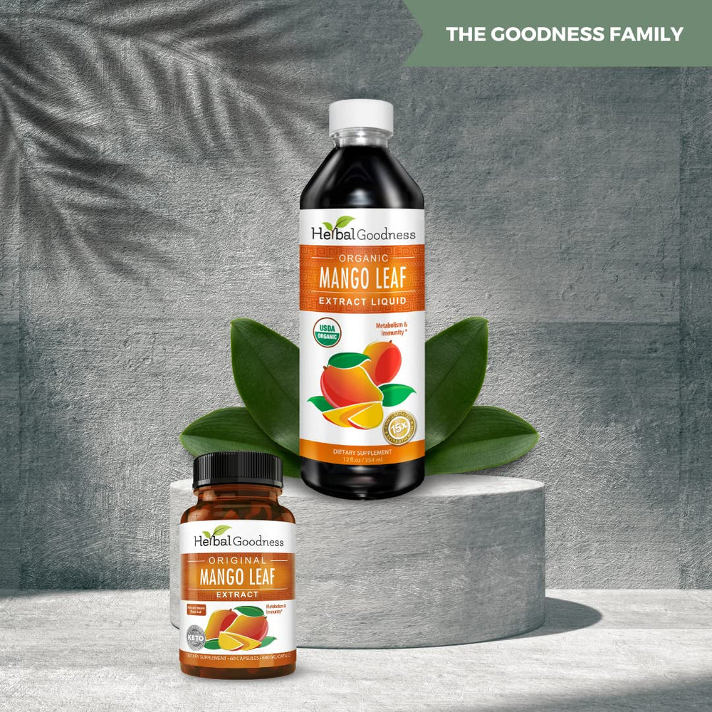 Herbal Goodness Mango Leaf Extract bottle on shelf suggesting everyday wellness routine