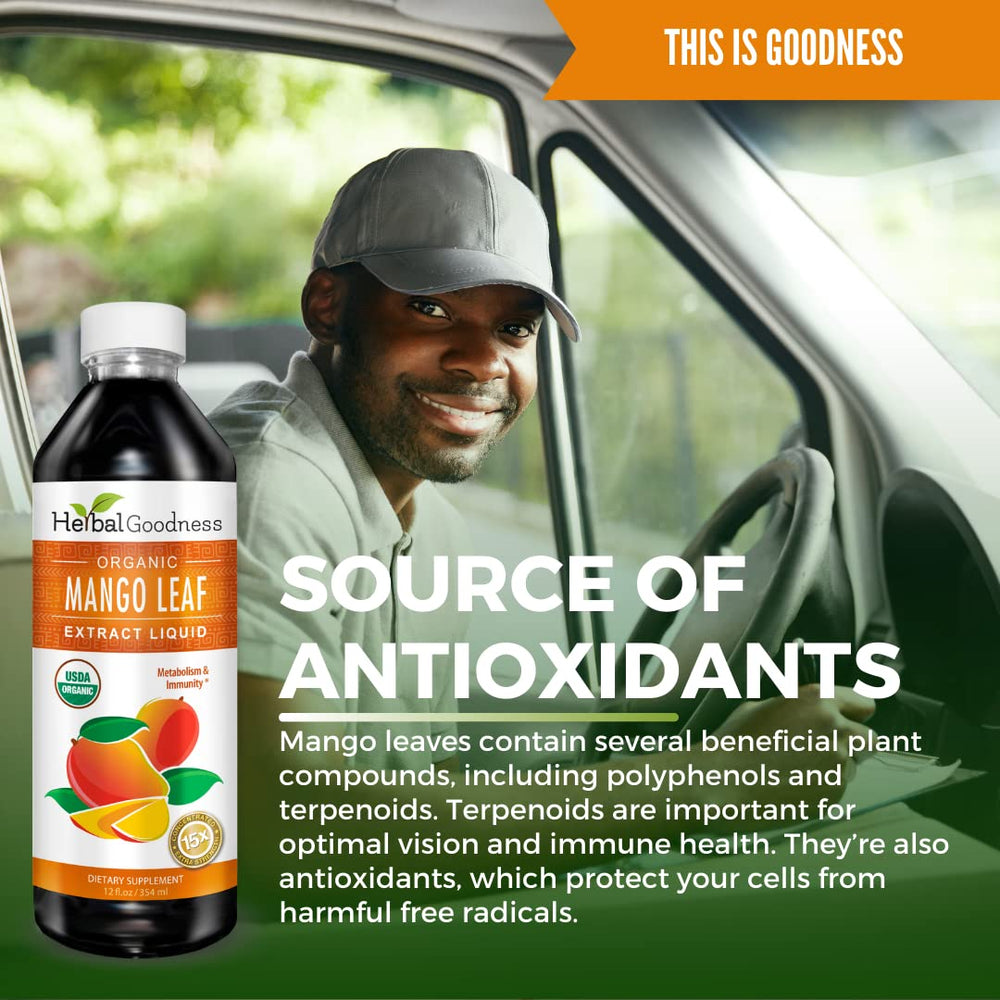 Herbal Goodness Mango Leaf Extract bottle beside water illustrating convenient hydration integration
