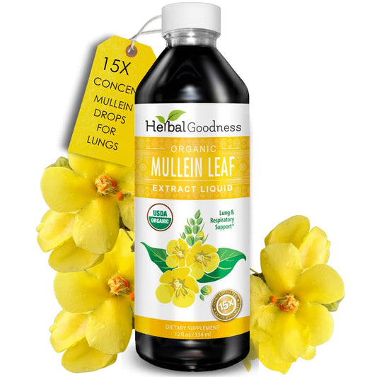 Herbal Goodness Mullein Drops bottle ready for daily lung support.