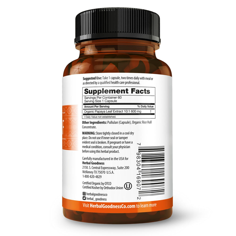 Herbal Goodness Organic ingredients label emphasizes purity and no fillers.