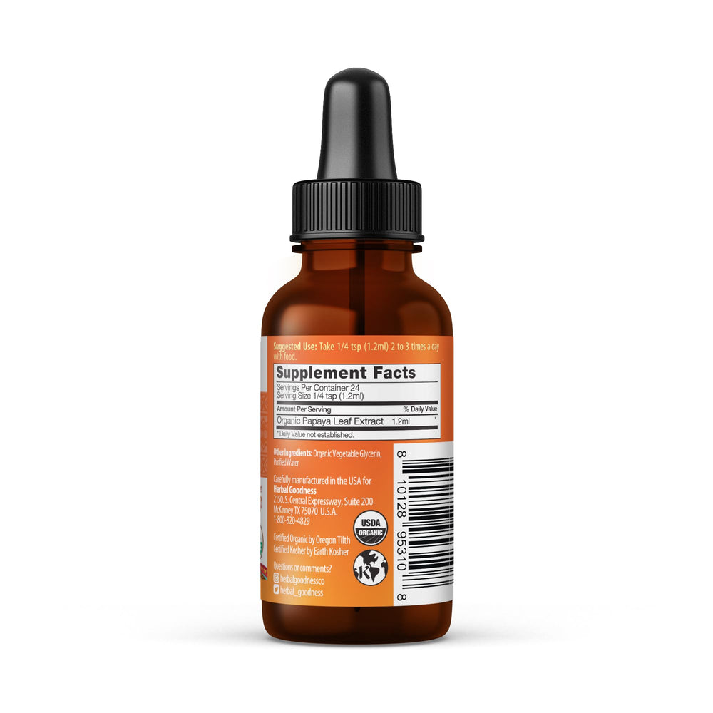 Herbal Goodness Papaya Leaf Extract bottle pour highlights natural enzymes supporting digestion