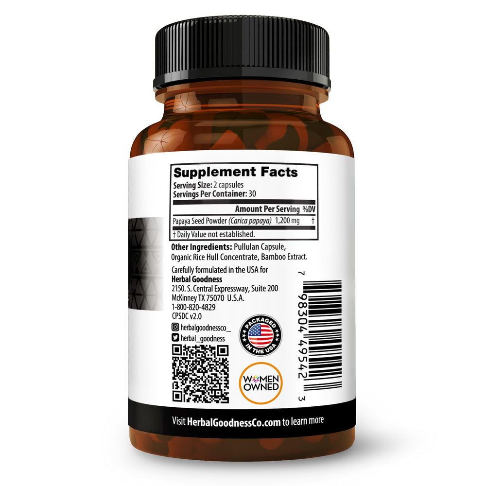 Herbal Goodness Papaya Seeds Powder capsules close-up showing dosage for digestion.