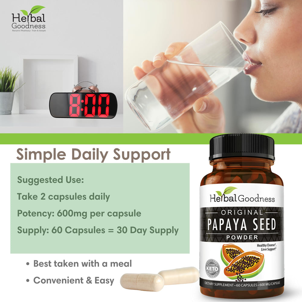Herbal Goodness Papaya Seeds Powder ingredients panel highlights papain enzymes.