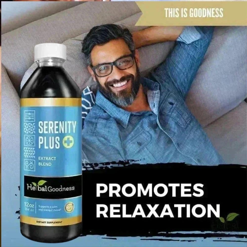 Herbal Goodness Serenity Liquid Extract packaging box designed for adults supporting a wind-down routine