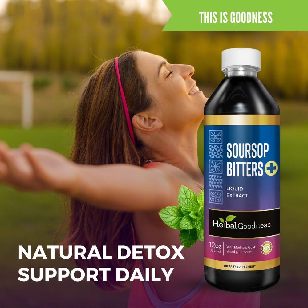 Herbal Goodness Soursop Bitters daily-use setup suggests simple addition to meals.