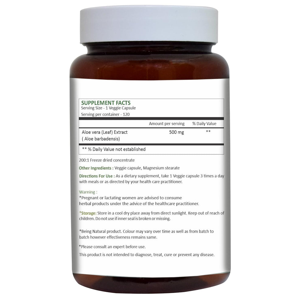 Herbal Hills Aloe Vera Capsules packaging highlights purity and value