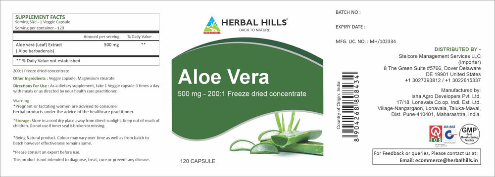 Herbal Hills Aloe Vera Capsules safety and high concentration benefits label