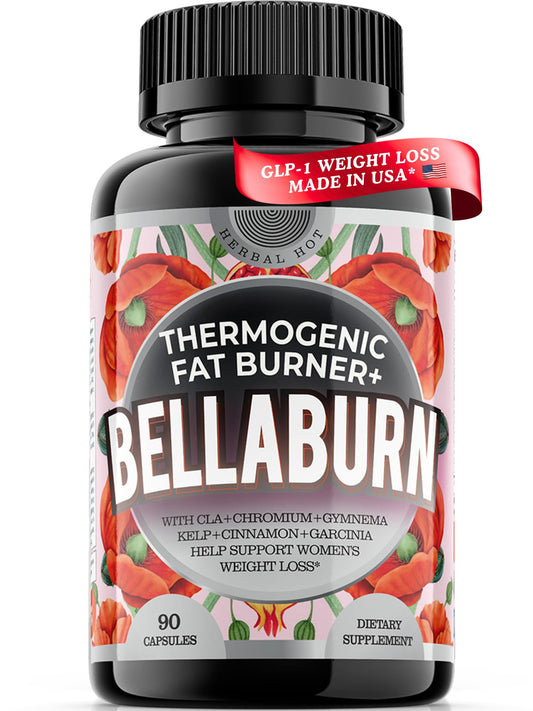 Herbal Hot Bellaburn bottle front, a women focused fat burner for weight management.