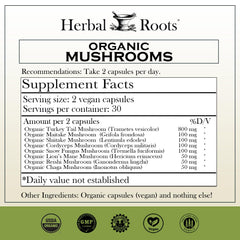 Herbal Roots capsules close-up shows fruiting bodies for immune support.