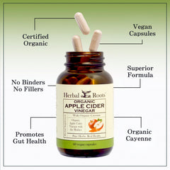 Herbal Roots ACV capsule close-up showing pure ingredients
