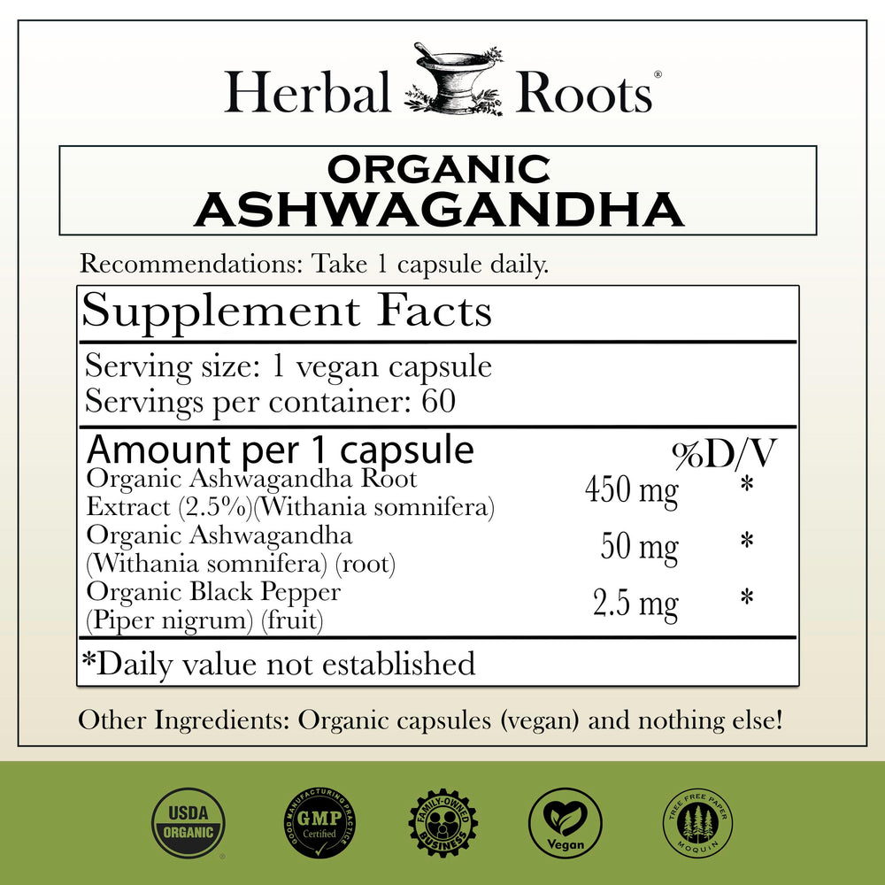 Close-up of Herbal Roots Ashwagandha capsules showing vegan formula