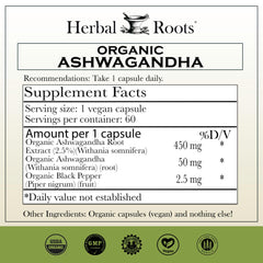 Close-up of Herbal Roots Ashwagandha capsules showing vegan formula