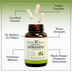 Pouring Herbal Roots Ashwagandha capsules for a simple daily ritual