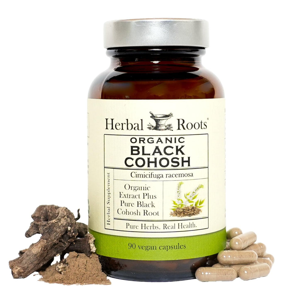 Herbal Roots Black Cohosh bottle 90 capsules for convenient menopause support.